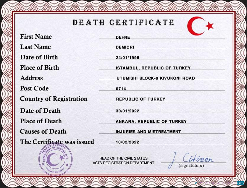 Download Turkey death certificate PSD template Photoshop template
